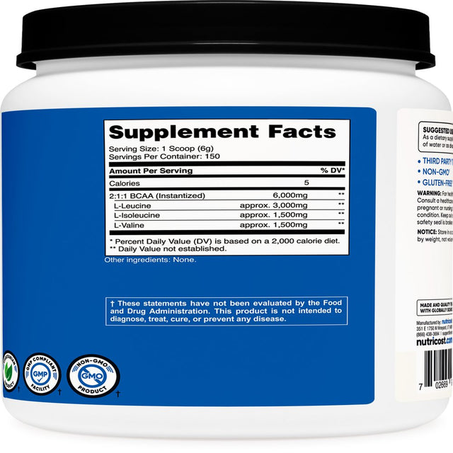 Nutricost BCAA Powder 2:1:1 (Unflavored) 150 Servings- Amino Acid Supplement