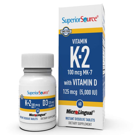 Superior Source K2 (MK-7) 100 Mcg with Vitamin D3 (5000 IU) Instant Dissolve Tablets 60 Count Dietary Supplement