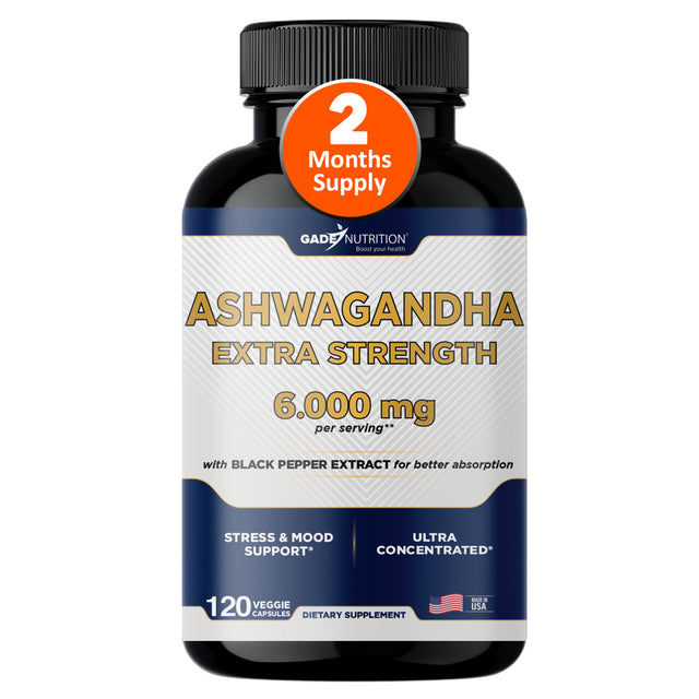 Gade Nutrition Ashwagandha Supplements - Extra Strength 6000Mg, Stress Relief Formula, Natural Mood, Focus, Energy & Immune Support - Herbal Supplement, 120 Veggie Cap