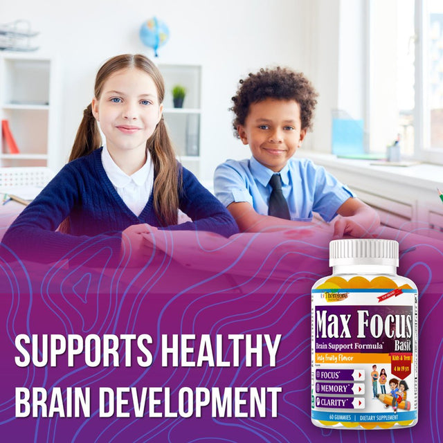 Max Focus Basic Kids Brain Booster Supplement with Omega 3 6 9 + DHA, Brain Supplements for Memory and Focus, Vision, Heart Health, Attention, Mood, Fruity Flavored Non-Gmo- 60 Gummies