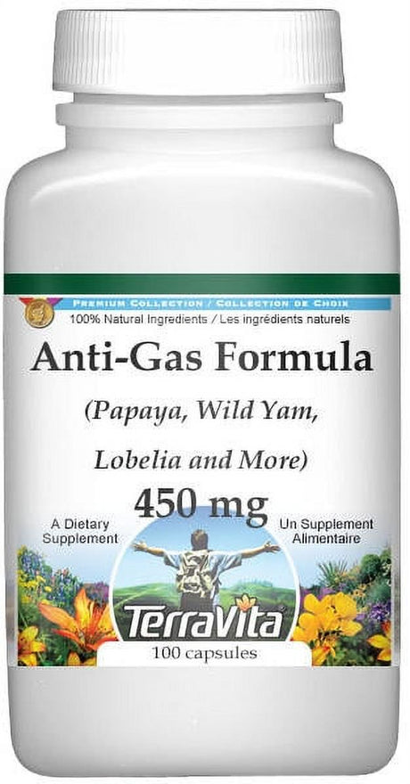 Terravita Anti-Gas Formula - Papaya, Wild Yam, Lobelia and More - 450 Mg, (100 Capsules, 1-Pack, Zin: 512465)