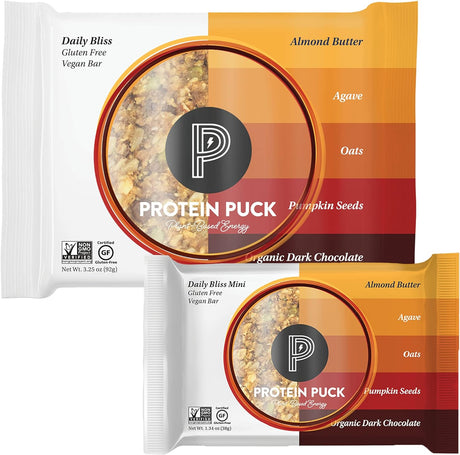 Protein Puck Value Bundle, Case of 12 Full Size Daily Bliss + Case of 16 Mini Daily Bliss - Plant-Based Bars, High Protein Snacks with Vegan Protein - Gluten-Free, Non-Dairy, Non-Gmo Snack Bar