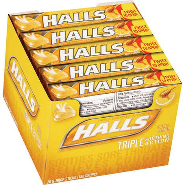 Halls Cough Drops, Honey-Lemon, 20 Ct