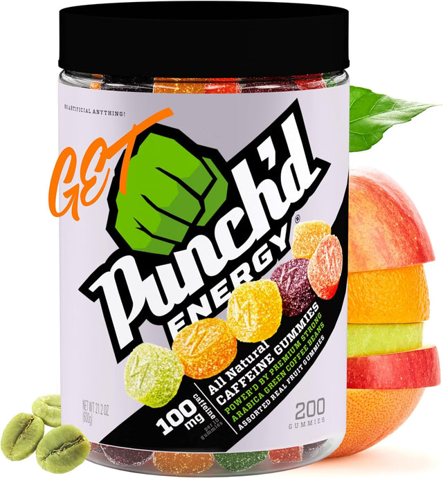 Punch'D Energy Natural Caffeine Gummies (200 Count Value Jar) 100Mg of Caffeine per 10 Gummies, Clean Label, Ultra Low Glycemic, Low Calorie, Vitamin C