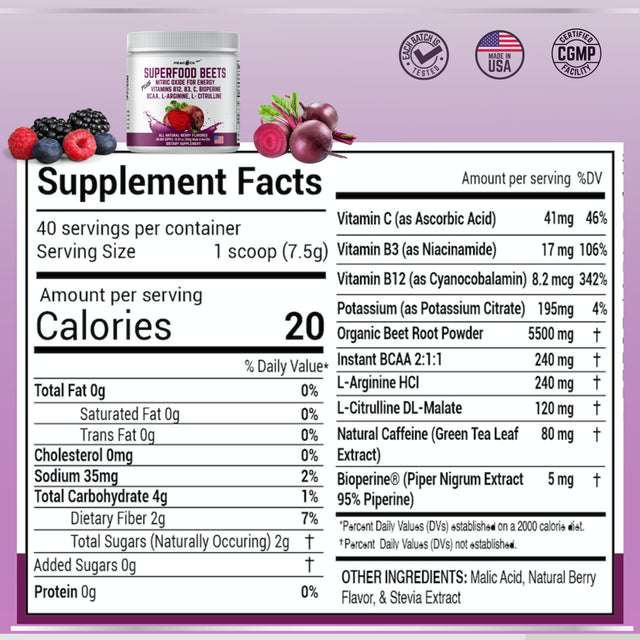 Superfood BEETS + Nitric Oxide Vitamins B12 B3 C Bioperine BCAA L Arginine L-Citrulline W