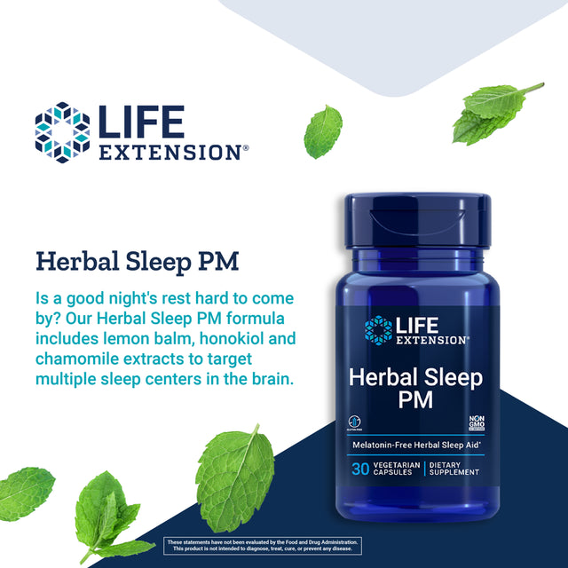 Life Extension Herbal Sleep PM - Lemon Balm, Honokiol & Chamomile Extracts Benefit Healthy Sleep - Gluten-Free, Non-Gmo - 30 Vegetarian Capsules