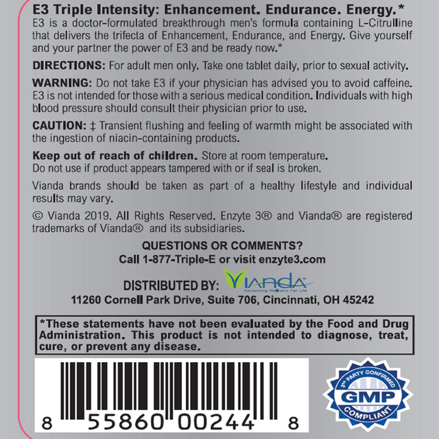 Enzyte3® Triple Intensity Male Enhancement with Energy & Endurance. Formulated with L-Citrulline, Guarana Seed Extract, Horny Goat Weed. Niacin, Vitamin B6, Folate and Vitamin B12. 30 Day Supply