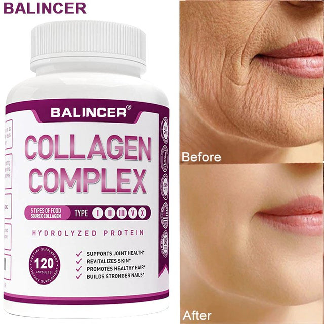 Balincer Premium Multi Collagen Peptides Capsules (Types I, II, III, V, X) - Hair, Skin and Nails, Digestive & Joint Health Supplement, Hydrolyzed Collagen Pills (60/120 Capsules)