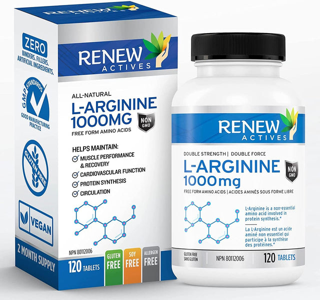 Renew Actives L-Arginine 1000Mg, 120 Count, Maximum Potency Pre Workout Amino Energy Supplement, for Muscle Recovery and Metabolism Booster, Easy to Swallow, Non-Gmo, Gluten-Free, Made in Canada!