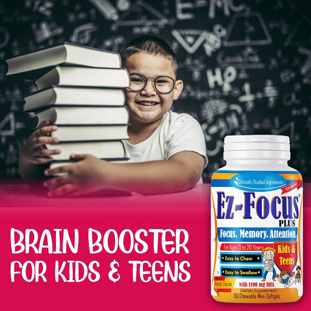 Ez Focus plus Brain Booster Kids Supplements, Support Kids Focus and Attention, Memory, Concentration, Clarity, Focus Supplement for Children and Teens, Brain Support Kids Memory Vitamins- 60 Ct