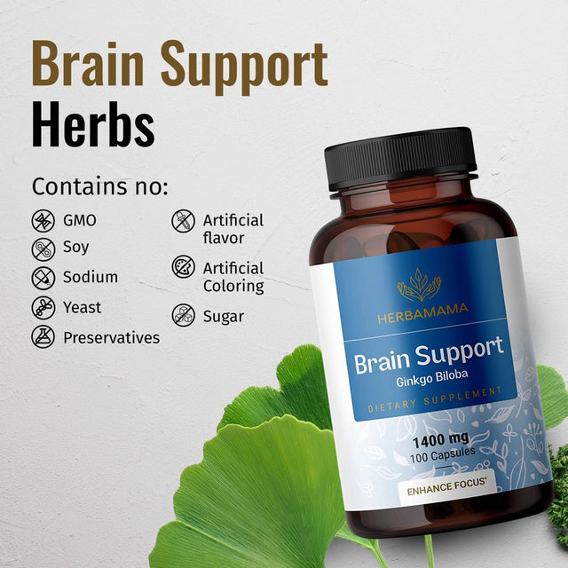 HERBAMAMA Brain Support 100 Caps- Memory & Focus Supplement- Ginkgo Biloba, Ginseng, Bacopa