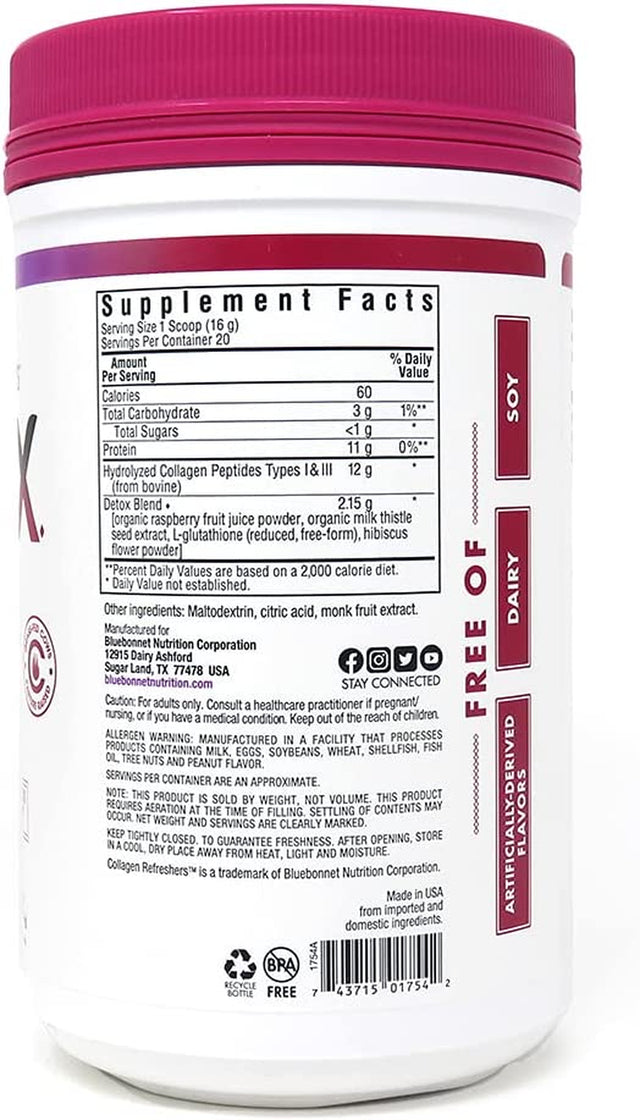 Bluebonnet Nutrition Collagen Refreshers Detox Powder, Keto and Paleo, Cleanse Support*, Soy-Free, Gluten-Free, Non-Gmo, Grass-Fed Cows, Pasture Raised, 11.29 Oz, 20 Servings, Hibiscus Berry Flavor