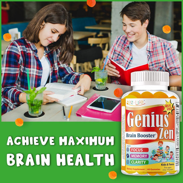 Genius Zen Brain Booster Supplement for Kids & Teens, Omega 3 Gummy Vitamins Brain Focus Vitamins, Concentration, Memory, Attention 60 Gummies