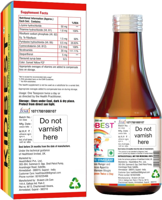 Kidbest Appetite Stimulant Syrup for 3-13 Yrs Kids | Increase Hunger | Helps Maintain Weight | Gluten Free | L-Lysine Hci,Vitamins B1,B2,B6,B12 | 200 Ml