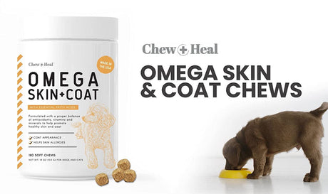 Chew + Heal Omega Skin and Coat Supplement - 180 Soft Chews - Salmon Fish Oil for Dogs and Cats