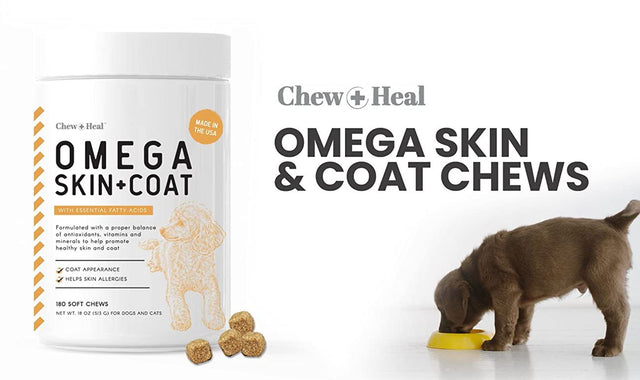 Chew + Heal Omega Skin and Coat Supplement - 180 Soft Chews - Salmon Fish Oil for Dogs and Cats