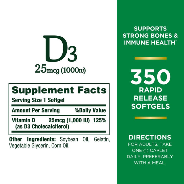 Nature’S Bounty Vitamin D3 1000 IU Softgels for Bone & Immune Support, 350 Ct