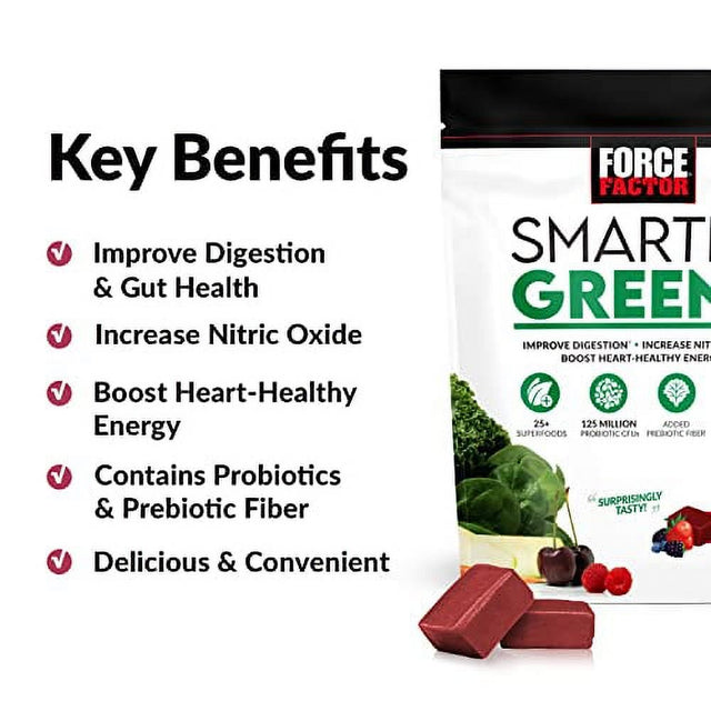 Smarter Greens Superfood Chews, Greens and Superfoods with Probiotics, Antioxidants, and Fiber, Greens Supplement to Support Digestion, Nitric Oxide, and Energy, Force Factor, 60 Soft Chews