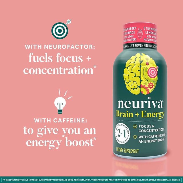 NEURIVA Brain + Energy 12 Bottles Supplement with Clinically Tested Neurofactor for Focus & Concentration Vitamin B12 Immediate Energy Boost (12 Bottles X 2 Fl Oz) *EN