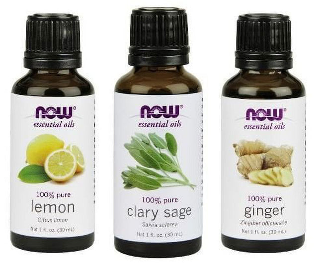 Now Foods Refresh Yourself 3-Pack Variety, Clary Sage Oil, Ginger Oil, & Lemon Oil 1OZ Each