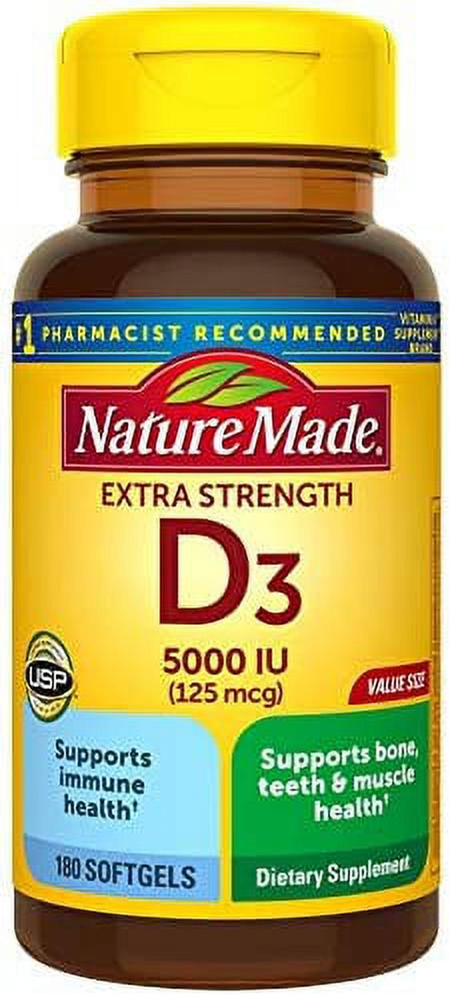 Nature Made Extra Strength Vitamin D3 5000 IU (125 Mcg), Dietary Supplement for Bone, Teeth, Muscle and Immune Health Support, 180 Softgels, 180 Day Supply 180 Count (Pack of 1)