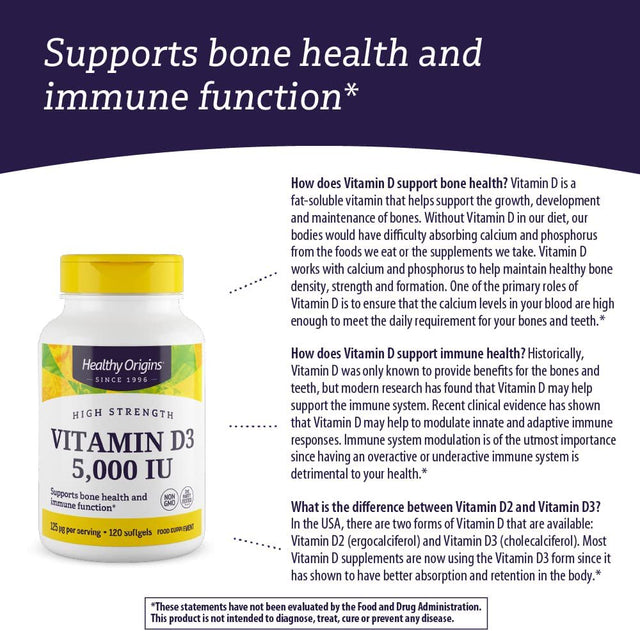 Healthy Origins Vitamin D3 5,000 IU (Non-Gmo, High Potency, Bone Support, Immune Support, Gluten Free), 120 Softgels