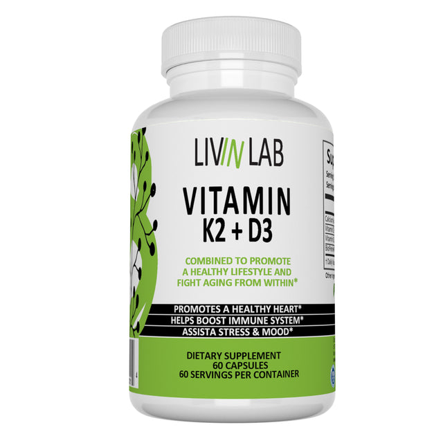 Livin Lab Vitamin K2 D3 |Healthy Immune Support & Improve Mood | Helps Reduce Wrinkles | EASY-TO-SWALLOW 60 Veggie Capsule | USA