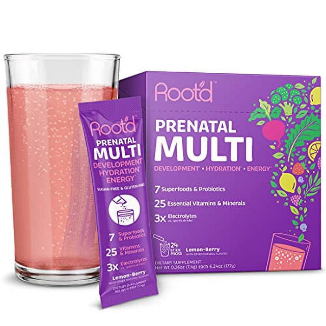 Root'D Prenatal Multivitamin Powder - 25 Vitamins & Minerals with 3X Electrolytes, Folate, Iron, D3 for Mom & Baby, 7 Superfoods & Probiotics, Sugar-Free Vitamins & Hydration | 24 Packets