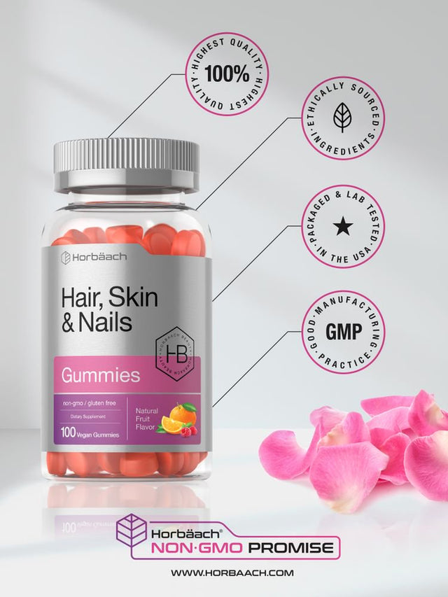 Hair Skin & Nails Vitamins | 100 Gummies | Natural Fruit Flavor | by Horbaach