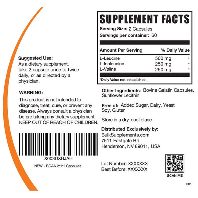 Bulksupplements.Com BCAA 2:1:1 Capsules, 1000Mg - Muscle Strengthening Supplements (120 Gel Capsules - 60 Servings)