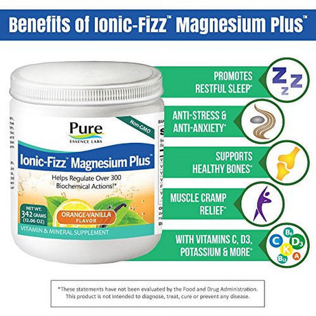 Pure Essence Labs Ionic Fizz Magnesium plus - Calm Sleep Aid and Natural anti Stress Supplement Powder - Orange Vanilla - 12.06Oz