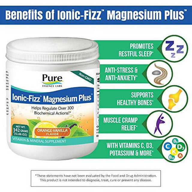 Pure Essence Labs Ionic Fizz Magnesium plus - Calm Sleep Aid and Natural anti Stress Supplement Powder - Orange Vanilla - 12.06Oz