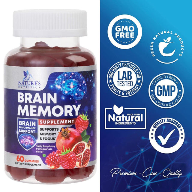 Nootropic Brain Booster Memory Supplement Gummy for Concentration & Mental Focus - Brain Health & Energy with B12, Phosphatidylserine, Coffee Extract, Nature'S Vitamins for Men & Women - 60 Gummies