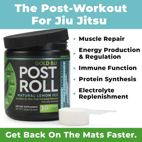 Gold BJJ Postroll - Jiu Jitsu Post Workout Supplement with EAA & BCAA Essential Amino Acids - Martial Arts Specific Post-Workout Powder (Lemon Ice, 30 Servings)