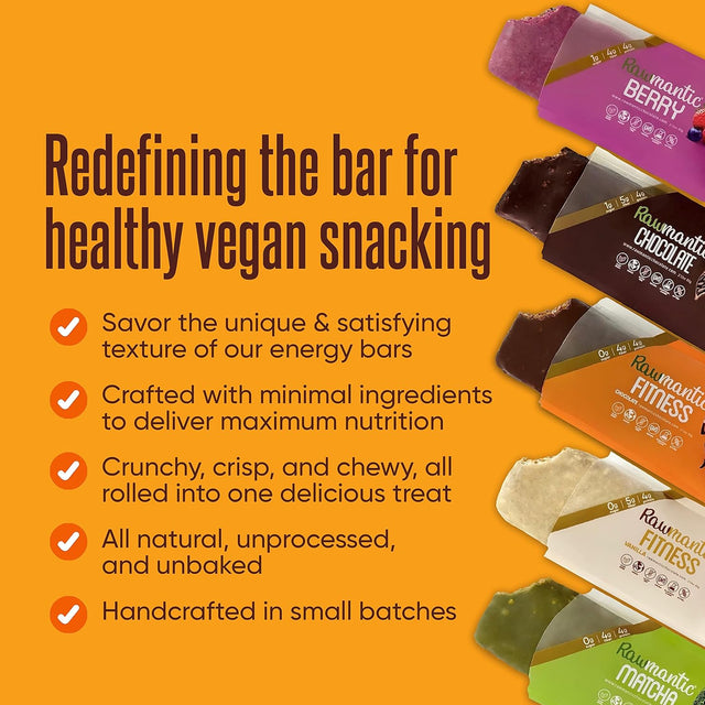 Rawmantic Fitness Chocolate Vegan Energy Bars - 2.1 Oz (Pack of 12) - Chocolate Snack Bars - Dairy, Nut and Sugar Free Chocolate Energy Snacks - Non-Gmo Vegan Bars