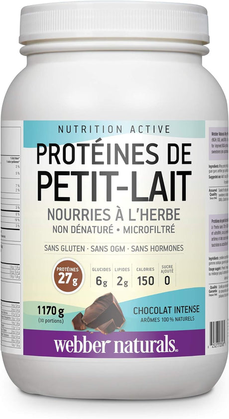 Webber Naturals Whey Protein Powder, Grass Fed, Rich Chocolate Flavour, 30 Servings, 27 G of Protein, 1170 G