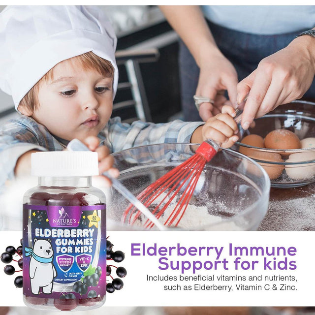 Elderberry Gummies for Kids with Vitamin C, Zinc & Sambucus Black Elderberry Extract - Daily Childrens Immune Support Vitamins Gummy Supplement, Non-Gmo, Vegan, Natural Berry Flavor - 60 Gummies