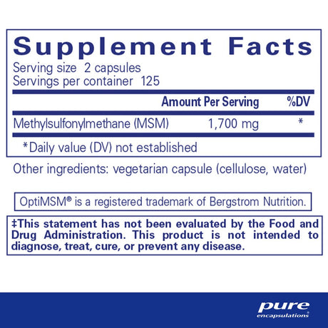 Pure Encapsulations MSM Capsules | Sulfur Supplement to Support Joints, Immune System, Connective Tissue, and Respiratory Health* | 250 Capsules