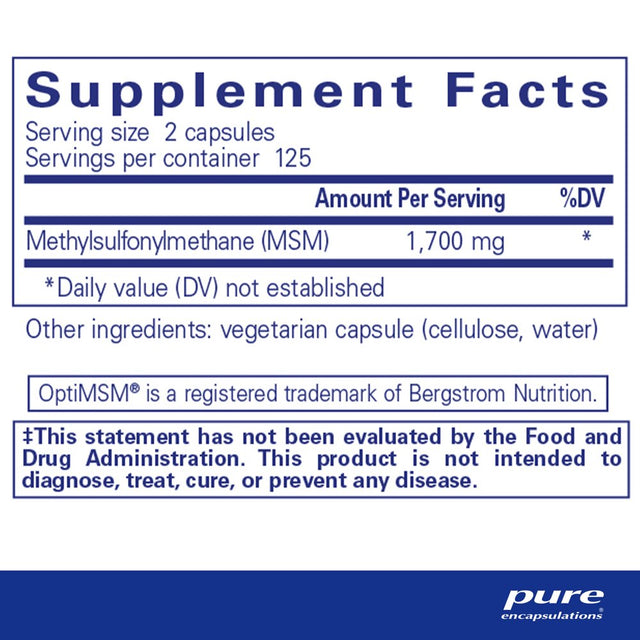 Pure Encapsulations MSM Capsules | Sulfur Supplement to Support Joints, Immune System, Connective Tissue, and Respiratory Health* | 250 Capsules