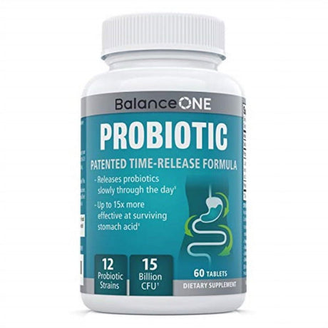 Balance ONE Probiotic, Daily Probiotics for Women & Men, Shelf Stable, 15 Billion Cfus with Prebiotics, 12 Probiotic Strains, Lactobacillus Plantarum Acidophilus & Paracasei, 60 Time-Release Tablets