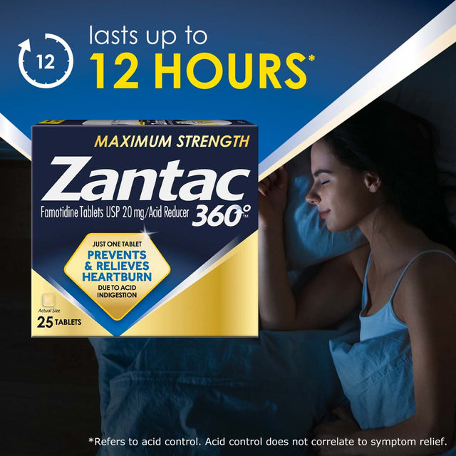 Zantac 360 Maximum Strength Prevents & Relieves Heartburn 20Mg Tablets /Acid Reducer 25Ct