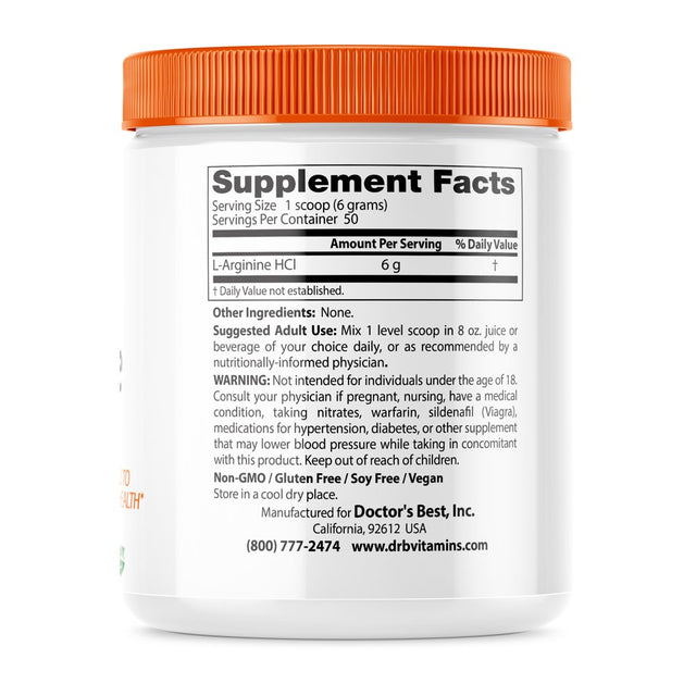 Doctor'S Best L-Arginine Powder, Non-Gmo, Vegan, Gluten Free, Soy Free, Helps Promote Muscle Growth, 300 Grams