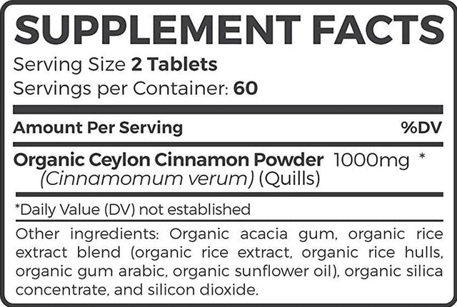 Healths Harmony Organic Ceylon Cinnamon Pills 1000Mg - 500Mg Cinnamon Powder Tablets, 1000Mg per Serve - Vegetarian Immune & Joint Support, 120Ct