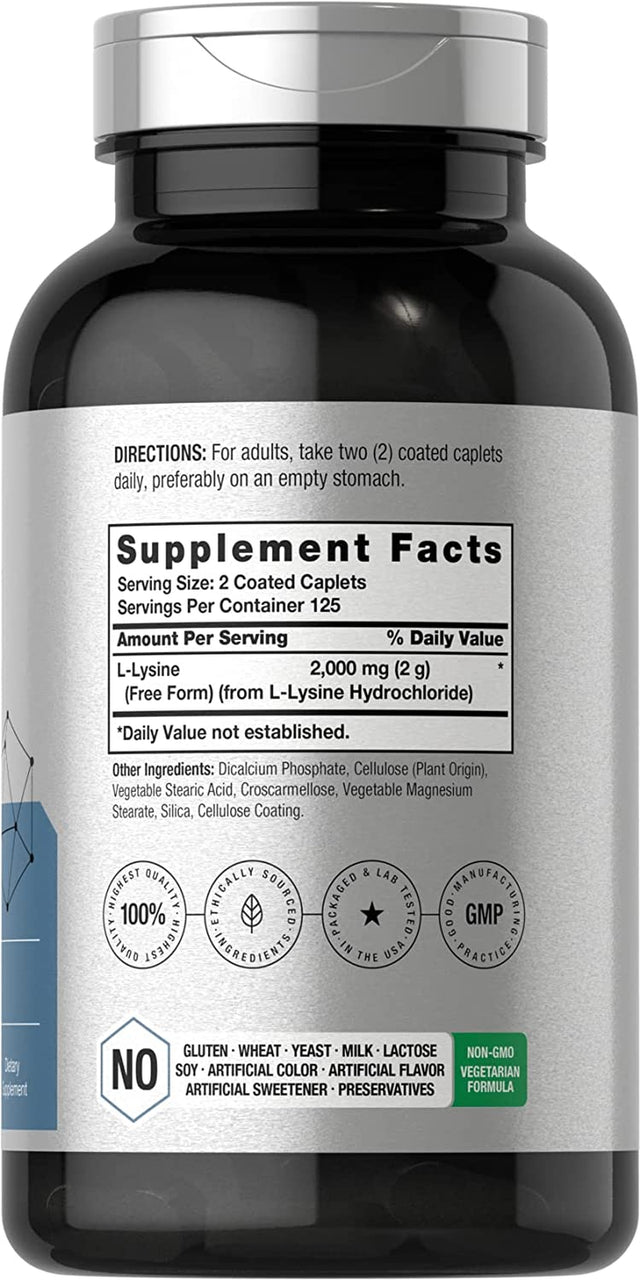 L-Lysine | 2000Mg | 250 Caplets | Vegetarian, Non-Gmo, and Gluten Free Supplement | by Horbaach