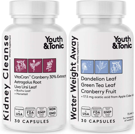 Youth & Tonic Daily Water Retention Pills for Kidney Cleanse Swelling and Excess Body Fluids & Metabolic Waste / 30 + 30 Capsules