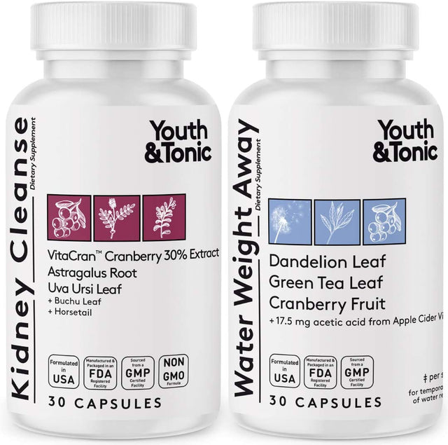 Youth & Tonic Daily Water Retention Pills for Kidney Cleanse Swelling and Excess Body Fluids & Metabolic Waste / 30 + 30 Capsules