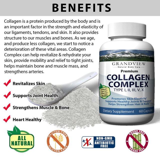 Collagen Complex - - Supports Joint Health. Promotes Skin Elasticity. Strengthens Nails. Natural Supplement. Helps Prevent Damaged Hair.. 60 Caps Grandview