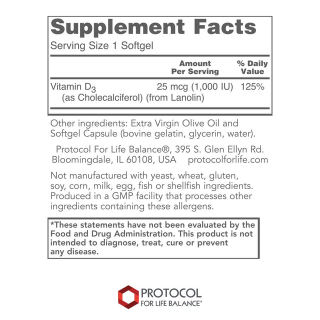 Protocol Vitamin D3 1,000 IU - Immune Support, Strong Bones and Teeth - 120 Softgels