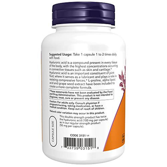 NOW Supplements, Hyaluronic Acid 100 Mg, Double Strength with L-Proline, Alpha Lipoic Acid and Grape Seed Extract, 120 Veg Capsules