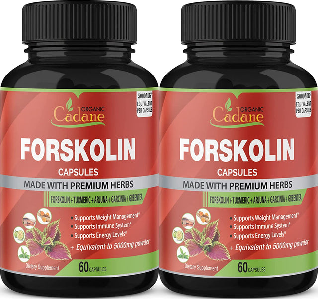 2 Packs Organic Forskolin Supplements Capsules 5000Mg with Turmeric, Arjuna, Garcinia Cambogia, Green Tea - Maximum Strength Coleus Forskohlii Extract - Support Energy Production & Immune System